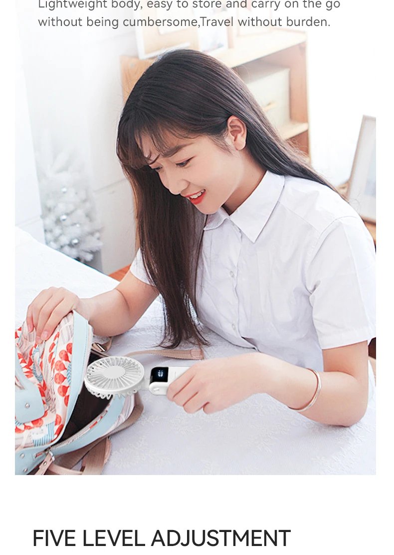 Handheld Mini Fan 1800mAh Foldable Portable Desk Outdoor Neck Hanging 5 Speed USB Rechargeable Fan Phone Stand Display Screen