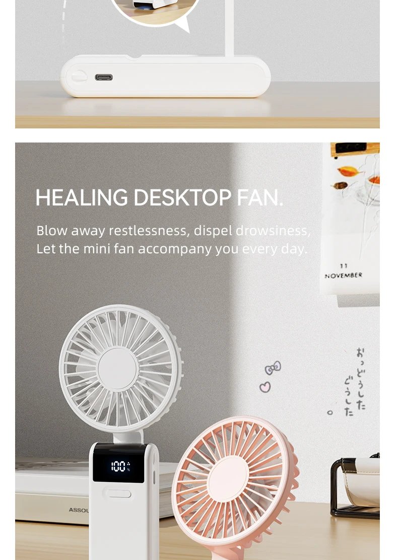 Handheld Mini Fan 1800mAh Foldable Portable Desk Outdoor Neck Hanging 5 Speed USB Rechargeable Fan Phone Stand Display Screen