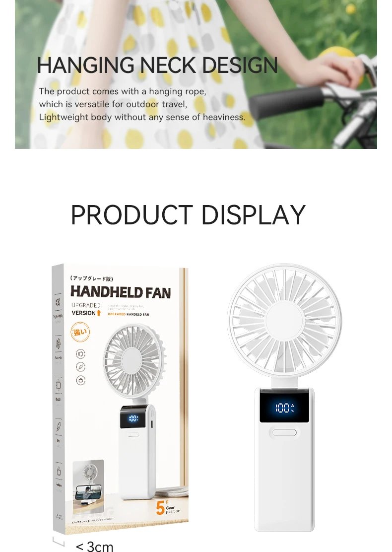 Handheld Mini Fan 1800mAh Foldable Portable Desk Outdoor Neck Hanging 5 Speed USB Rechargeable Fan Phone Stand Display Screen