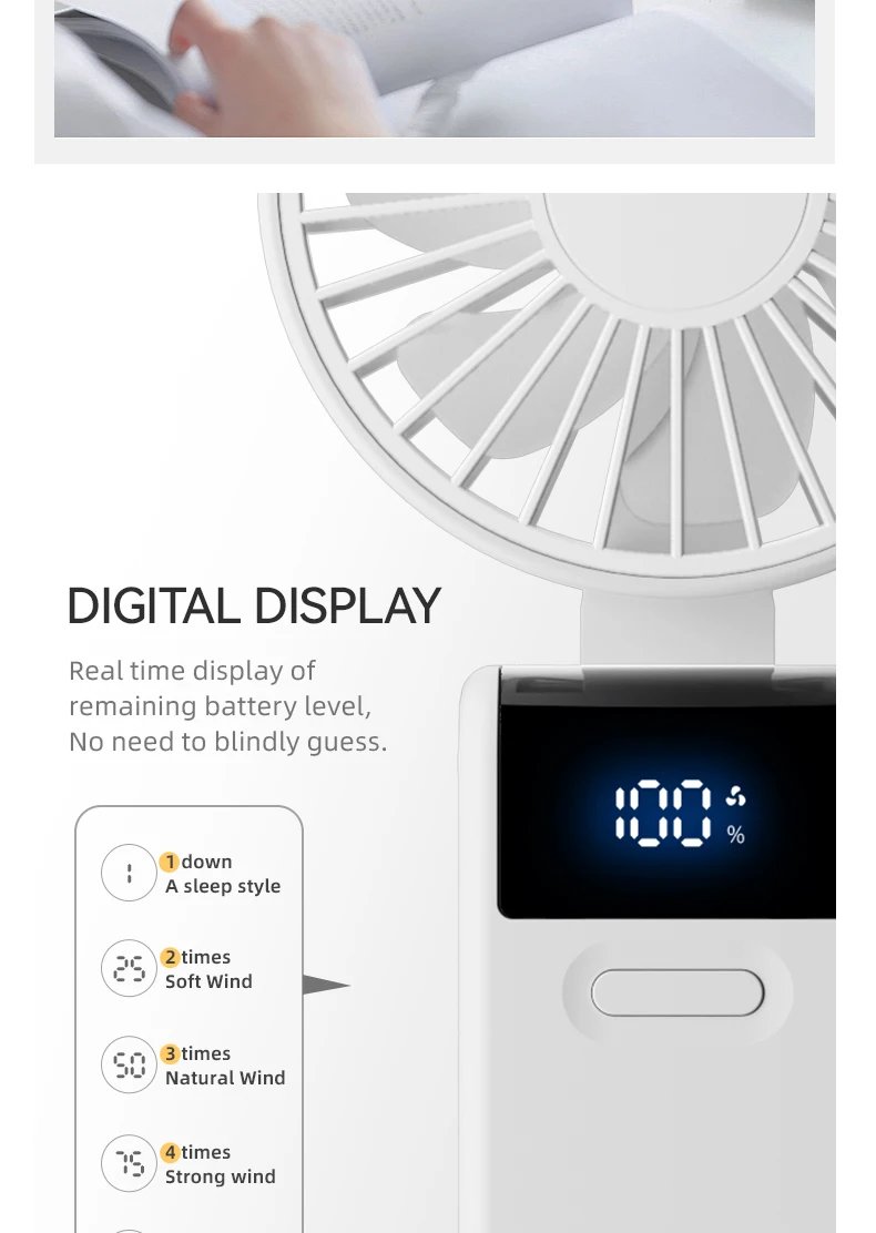 Handheld Mini Fan 1800mAh Foldable Portable Desk Outdoor Neck Hanging 5 Speed USB Rechargeable Fan Phone Stand Display Screen