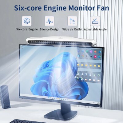 Computer Monitor Hanging Fan - Powerful Cooling 3-speed Selectable, Ergonomic Design, Portable Desktop Fan, Quiet Adjustable