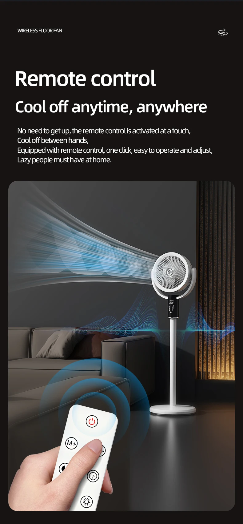 Floor Standing Fan Remote Control 6000mAh USB Rechargeable Height Adjustable Air Circulator for Camping Home Office Sturdy Base