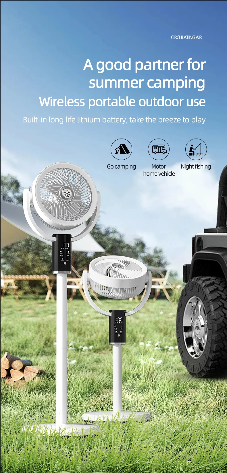 Floor Standing Fan Remote Control 6000mAh USB Rechargeable Height Adjustable Air Circulator for Camping Home Office Sturdy Base