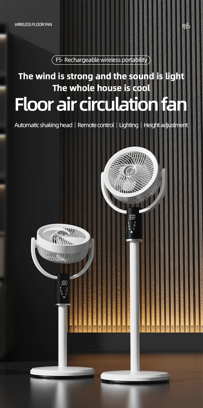 Floor Standing Fan Remote Control 6000mAh USB Rechargeable Height Adjustable Air Circulator for Camping Home Office Sturdy Base
