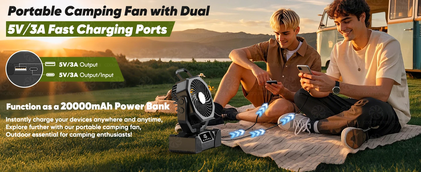 20000mAh Camping Fan Rechargeable Battery Portable Outdoor Fan Wireless Tent Ceiling Fan Air Circulators with Hook and LED Light