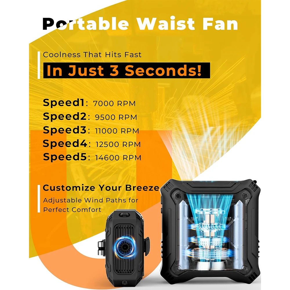 Portable Waist Fan with 5-Speed Settings Dual-Sided Clip on Wearable Belt Personal Fan for 8000mAh Flashlight as Power Bank - Image 3