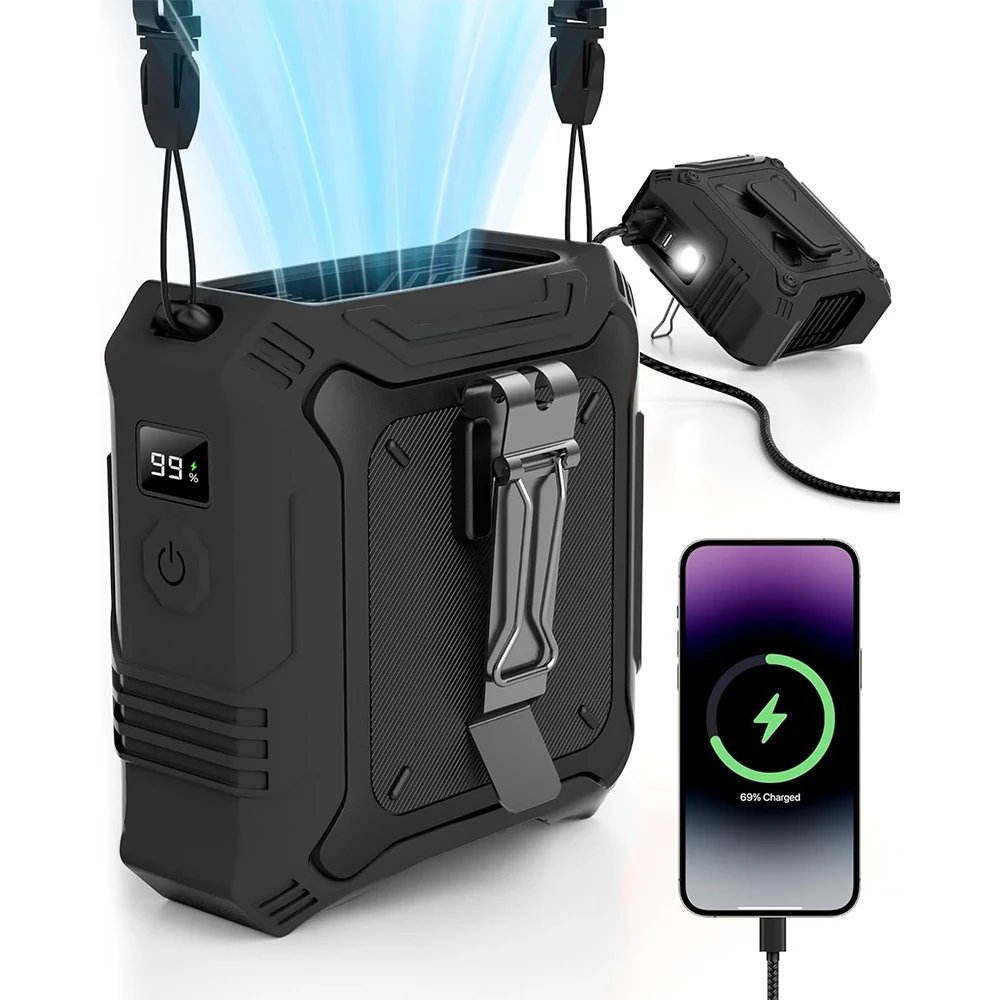 Portable Waist Fan with 5-Speed Settings Dual-Sided Clip on Wearable Belt Personal Fan for 8000mAh Flashlight as Power Bank