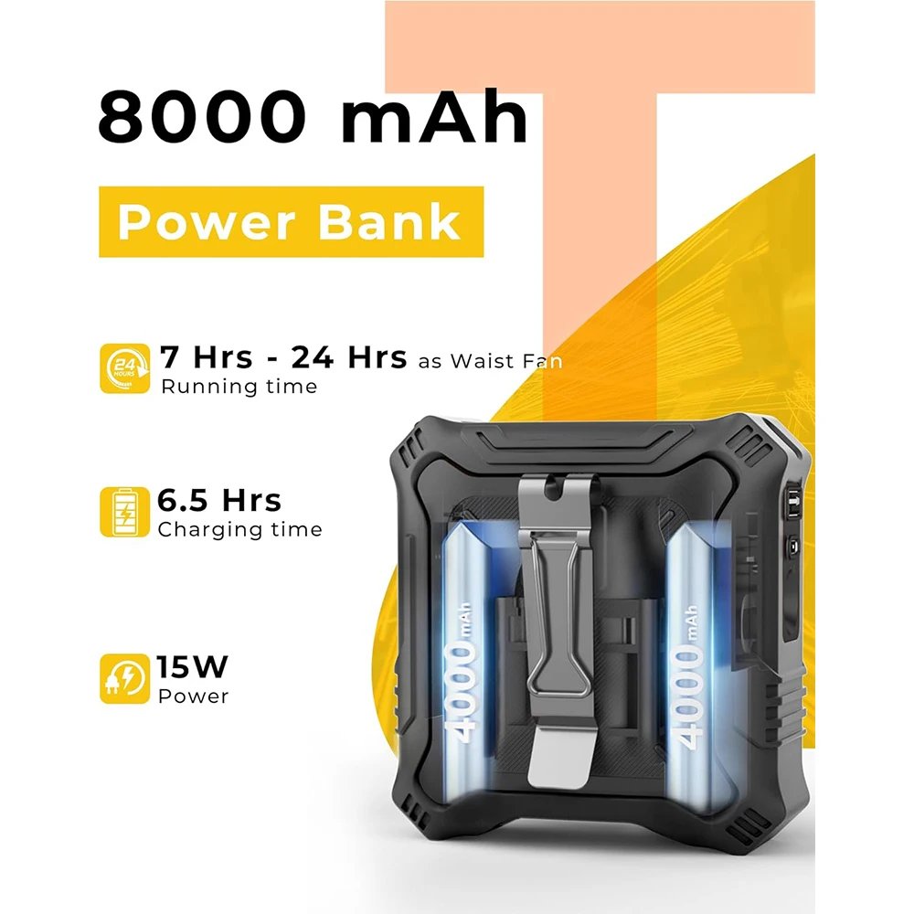 Portable Waist Fan with 5-Speed Settings Dual-Sided Clip on Wearable Belt Personal Fan for 8000mAh Flashlight as Power Bank - Image 2