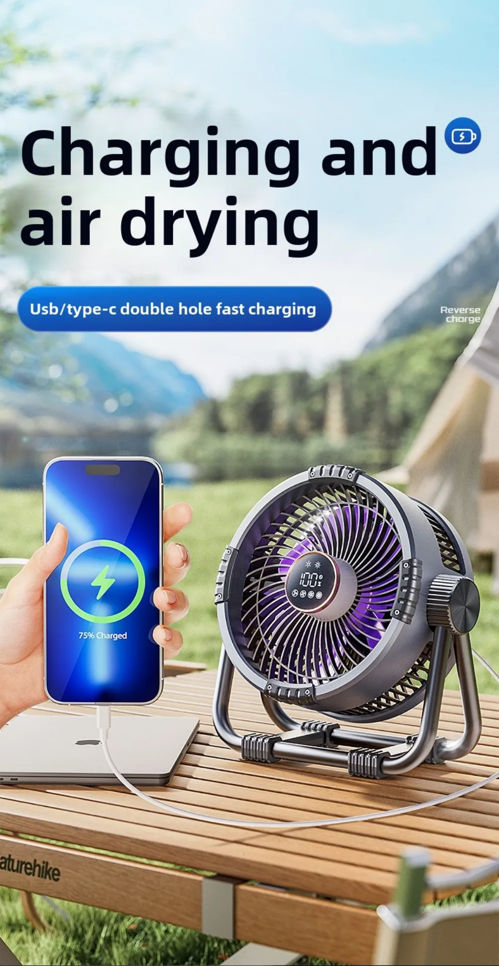 Multifunctional Outdoor Camping Fan Light 20000mAh Rechargeable Ceiling Fan with 3-speed Night Light and Power Bank Portable Fan