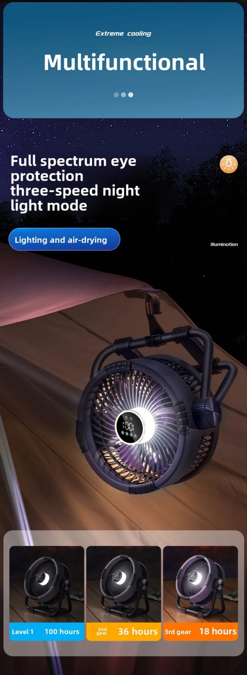 Multifunctional Outdoor Camping Fan Light 20000mAh Rechargeable Ceiling Fan with 3-speed Night Light and Power Bank Portable Fan
