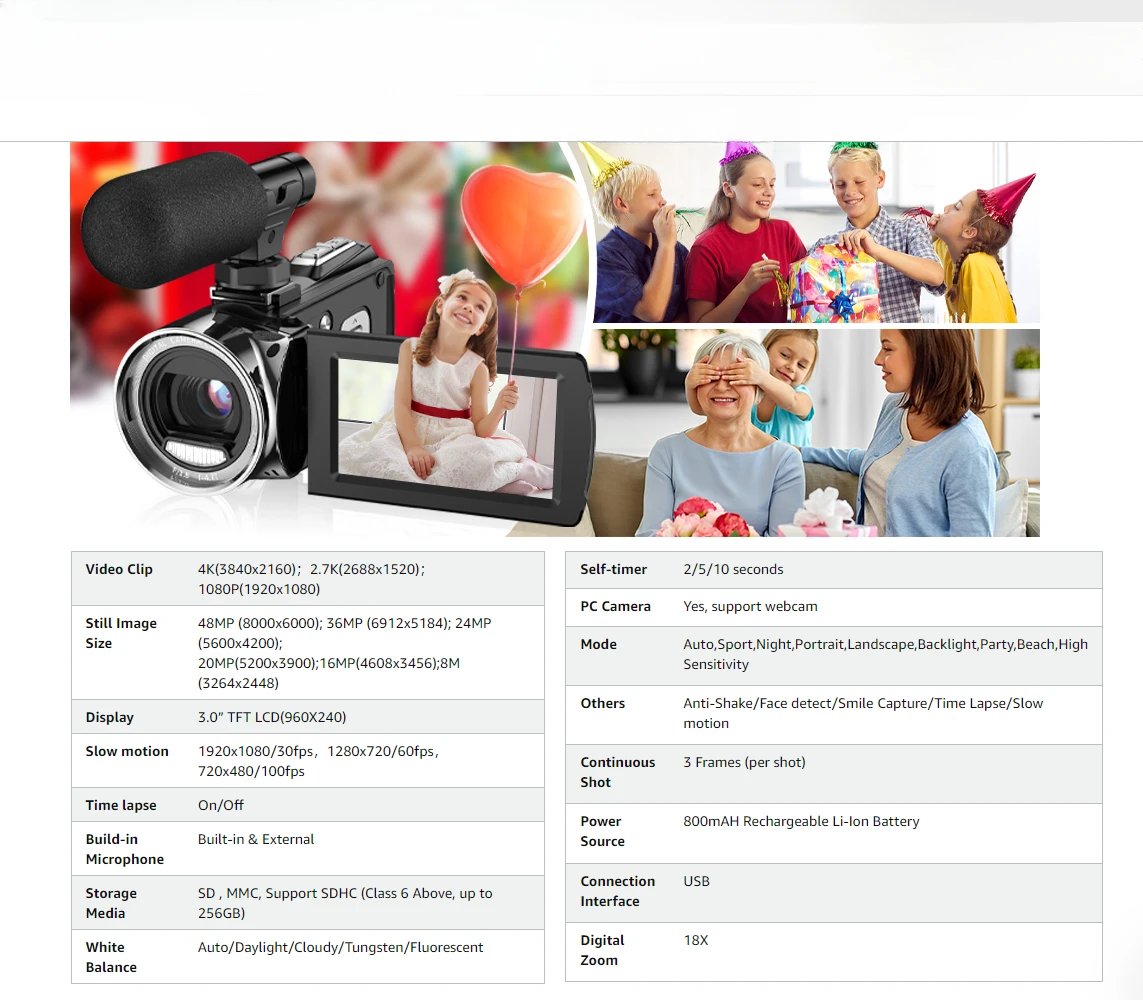 4K Camcorder with Microphone 18X Zoom Infrared Vlogging Video Camera for Youtube 48MP Portable Digital Recorder Live Streaming 4K Camcorder with Microphone 18X Zoom Infrared Vlogging Video Camera for Youtube 48MP Portable Digital Recorder Live Streaming