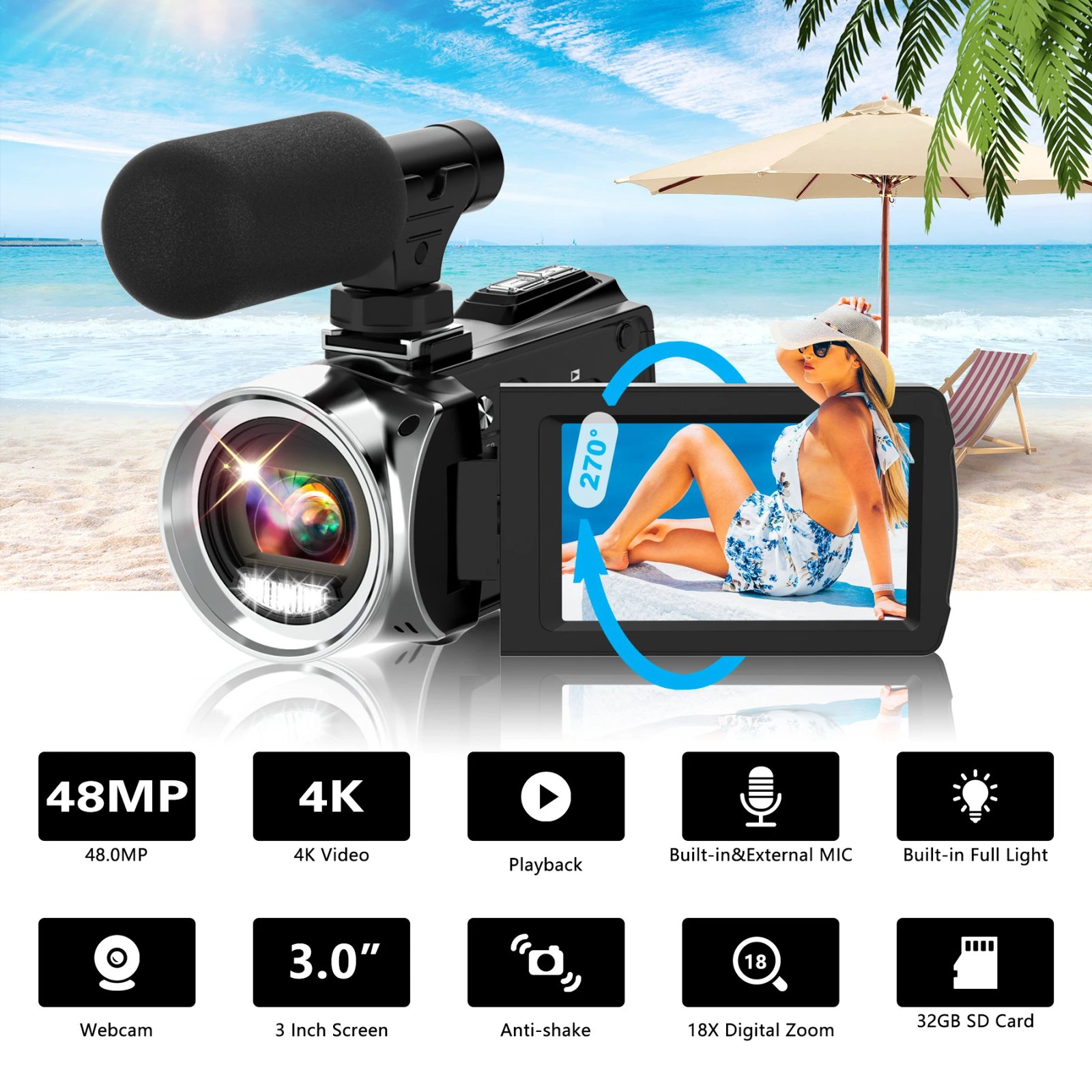 4K Camcorder with Microphone 18X Zoom Infrared Vlogging Video Camera for Youtube 48MP Portable Digital Recorder Live Streaming 4K Camcorder with Microphone 18X Zoom Infrared Vlogging Video Camera for Youtube 48MP Portable Digital Recorder Live Streaming