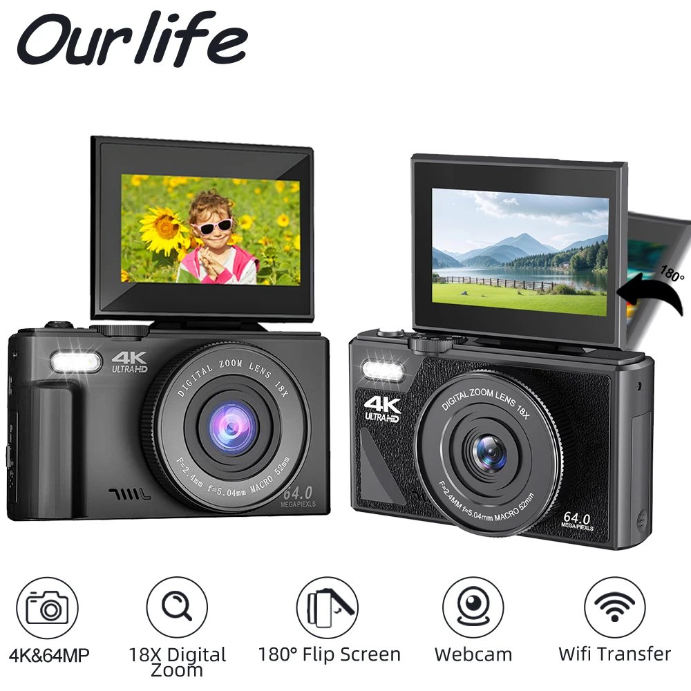 Ourlife AC600 Digital Camera 4K 64MP UHD Cameras 18X Digital Zoom 180° Flip Screen Vintage Vlogging Camera for YouTube Autofocus