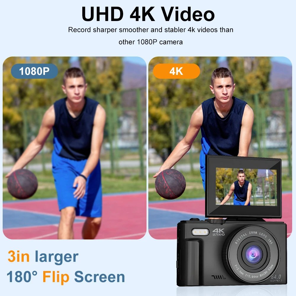 Ourlife AC600 Digital Camera 4K 64MP UHD Cameras 18X Digital Zoom 180° Flip Screen Vintage Vlogging Camera for YouTube Autofocus - Image 3