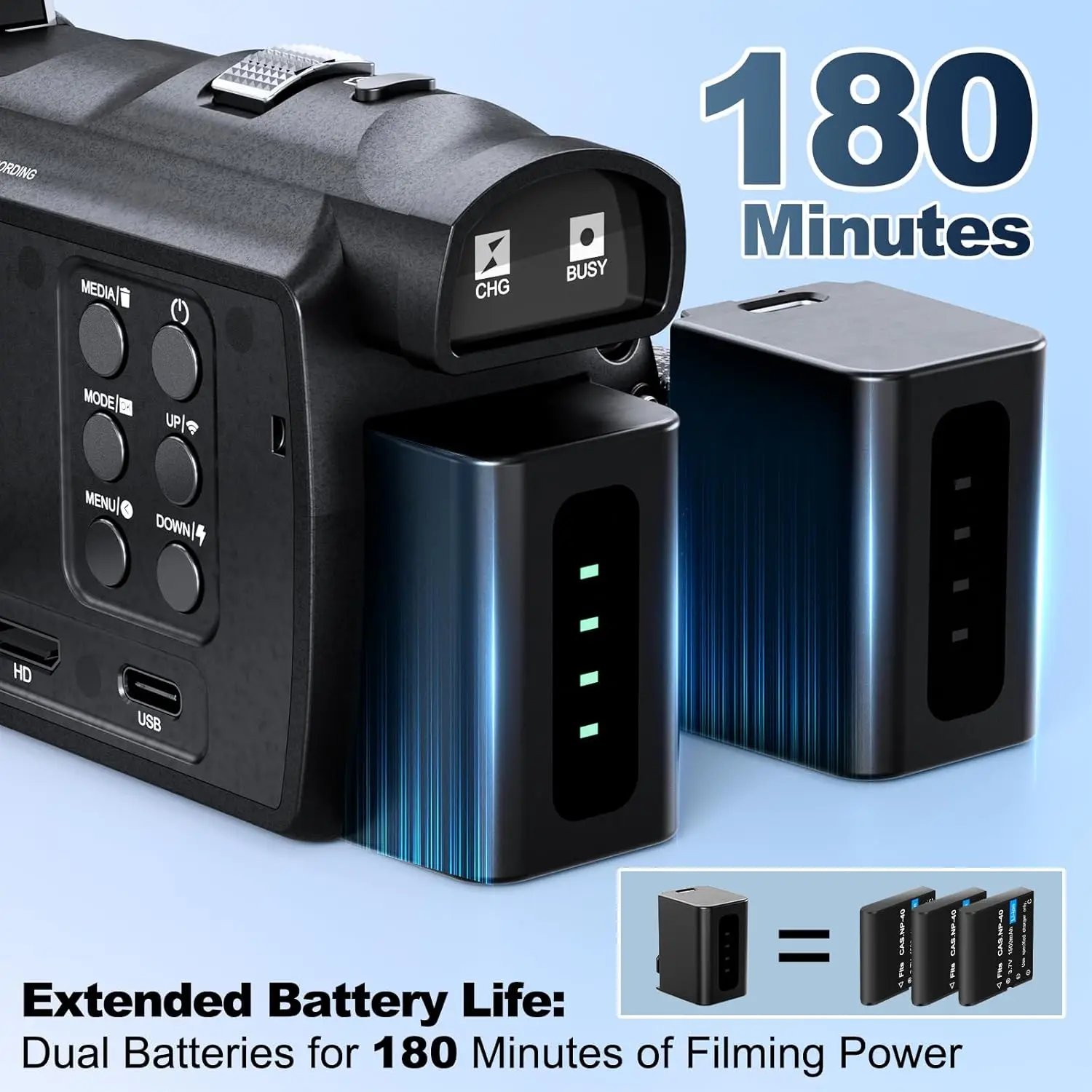 NBD 4K Camcorder Video Camera with 48MP Vlogging Camera With Wi-Fi & App Control,Video Recorder with 3X Battery Life, 16X Zoom - Image 3