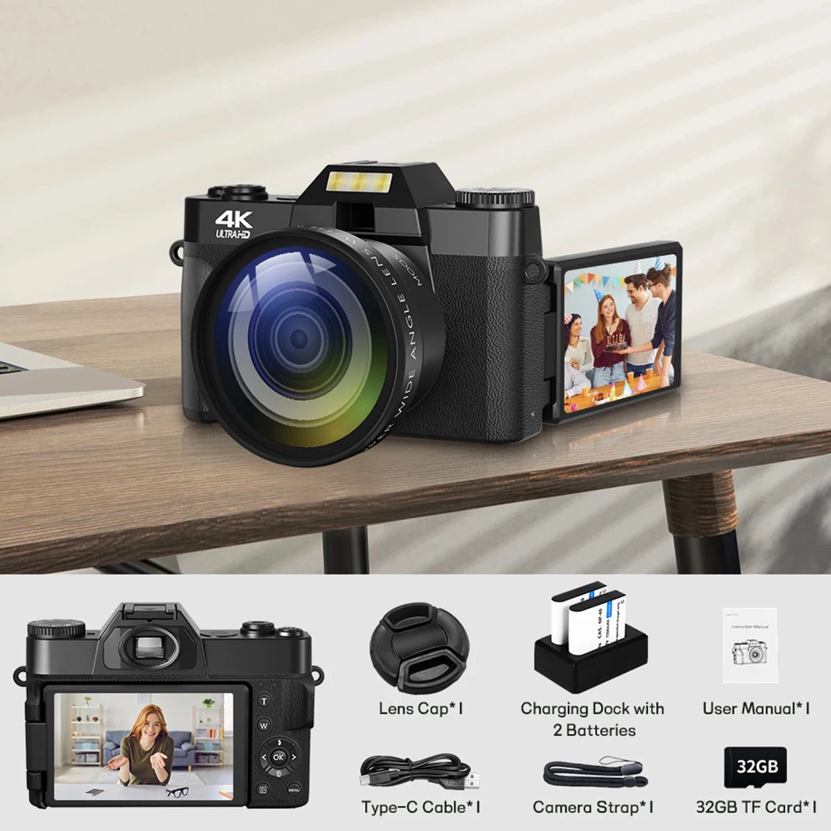 Compact Digital Photography Camera 4K WIFI Webcam Retro Vlog Recorder YouTube 64MP Camcorder 3 Inch Flip Screen Wide Angle Lens - Image 6