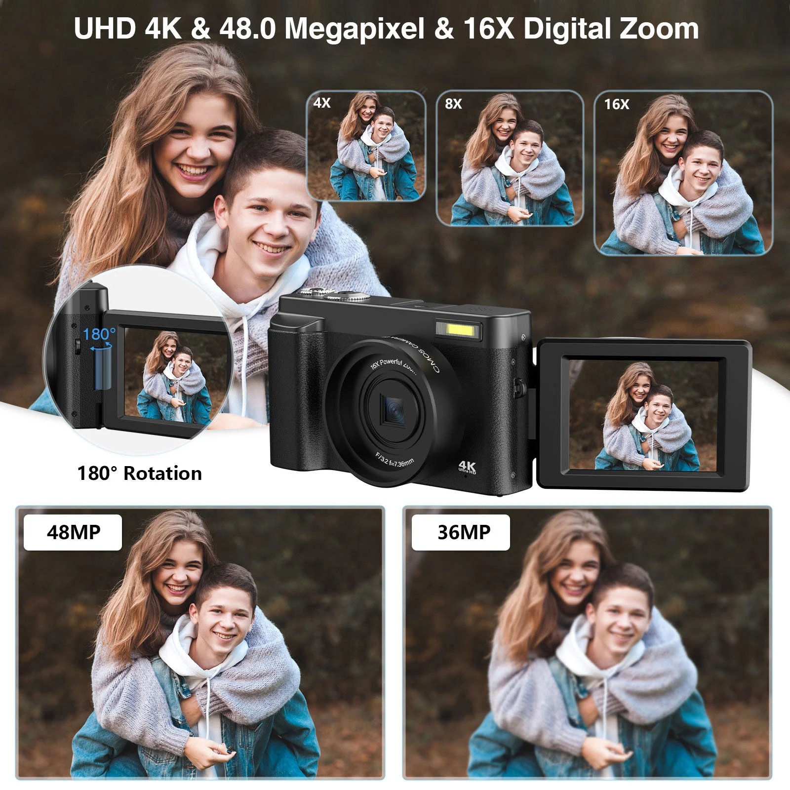 4K Digital Camera Photography Camera 48MP Autofocu Webcam Vlog Video Recorder Compact Cameras 180-Degree Rotation Flip Screen