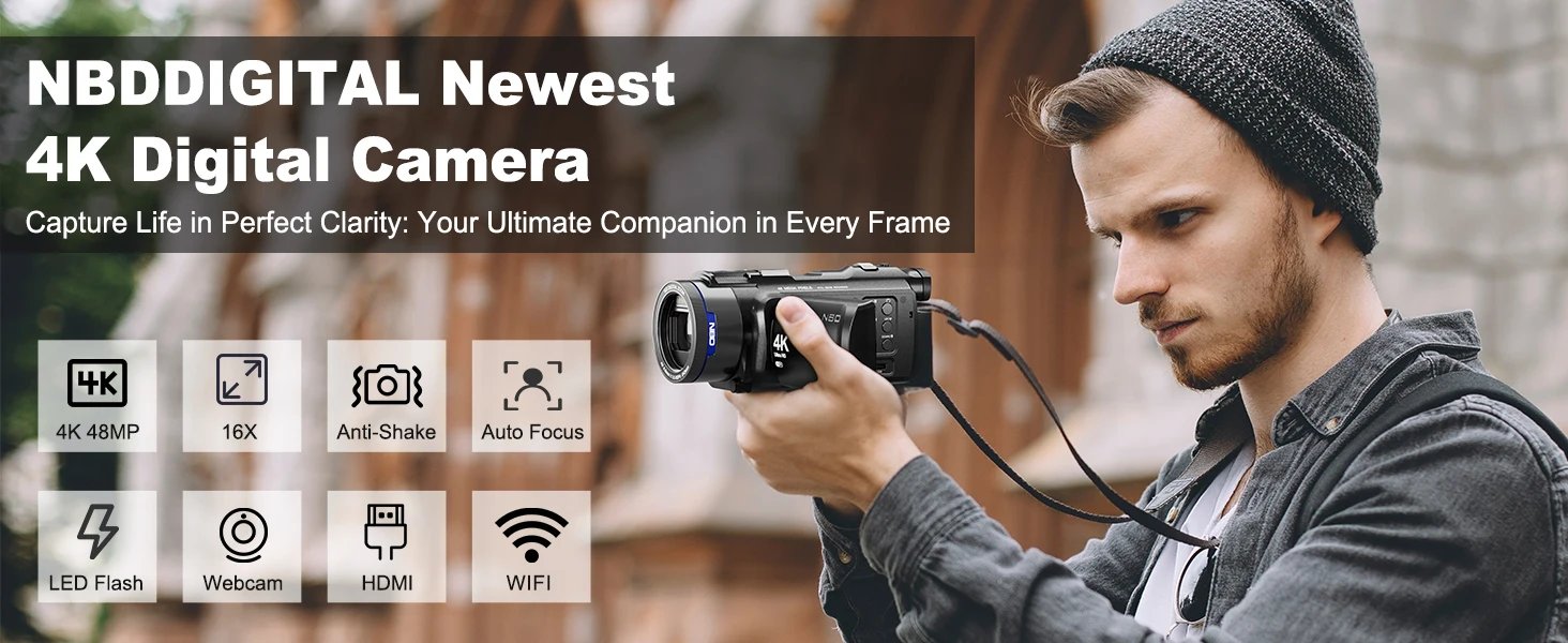 NBD 4K HD&48MP Camcorder Video Camera With Wi-Fi & App Control,Video Recorder with 3X Battery Life, 16X Zoom, 270° IPS Screen