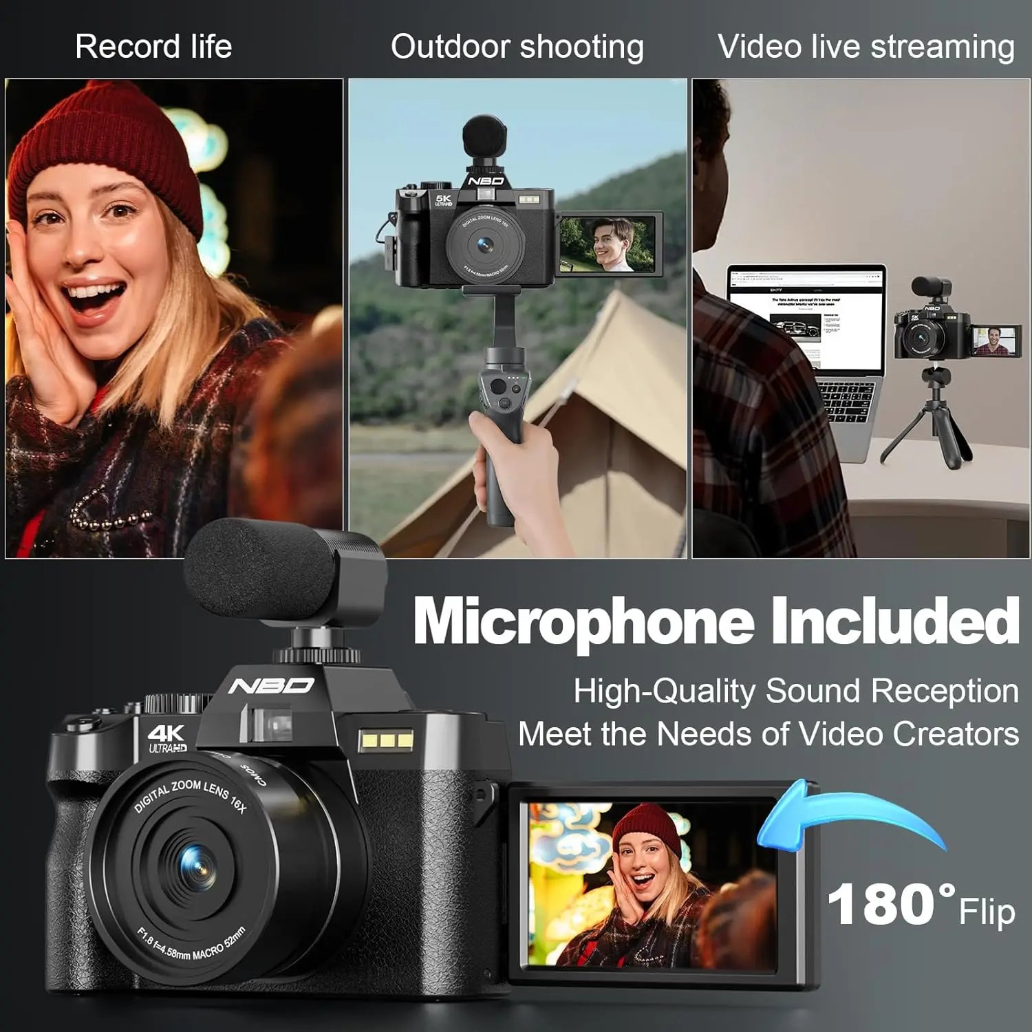 NBD 4K Digital Cameras for Photography,48MP Camera,Travel Vlogging Cameras with 16X Digital Zoom,180°Flip Screen,52mm Macro Lens - Image 4