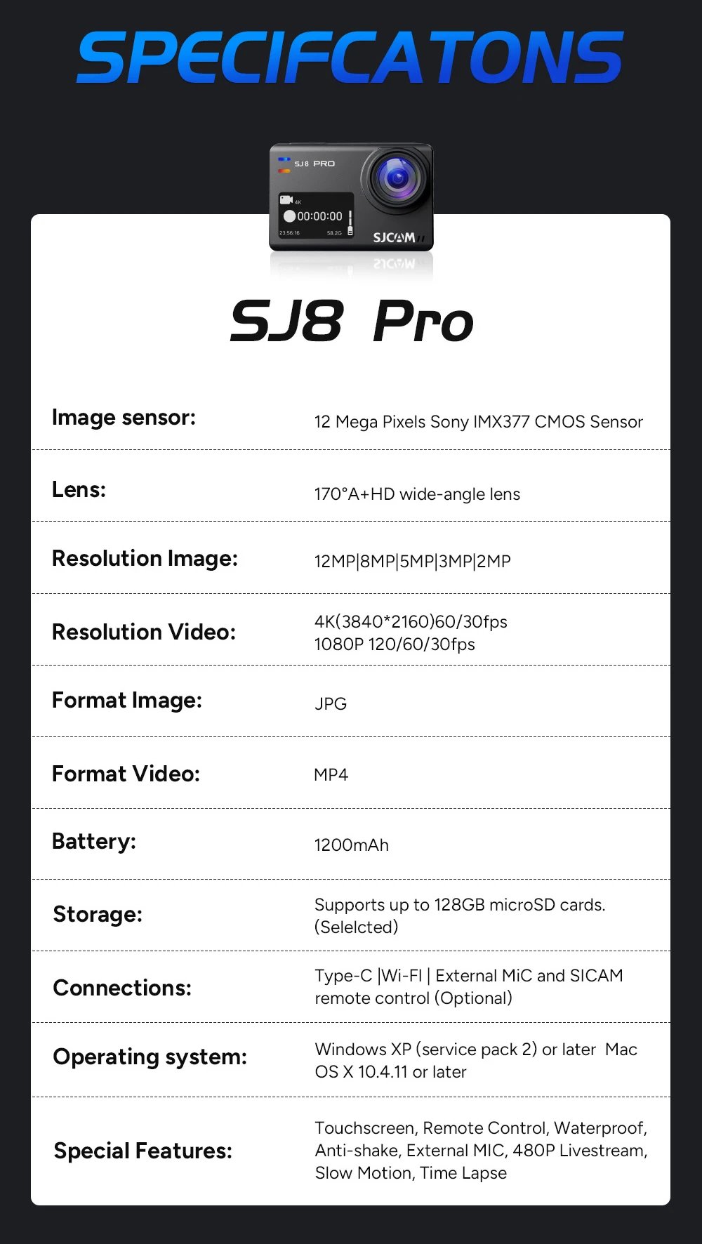 SJCAM SJ8 Pro Action Camera Waterproof Anti-Shake 4K 60FPS 5G WiFi Touch Screen Multifunctional Outdoor Sports Cam