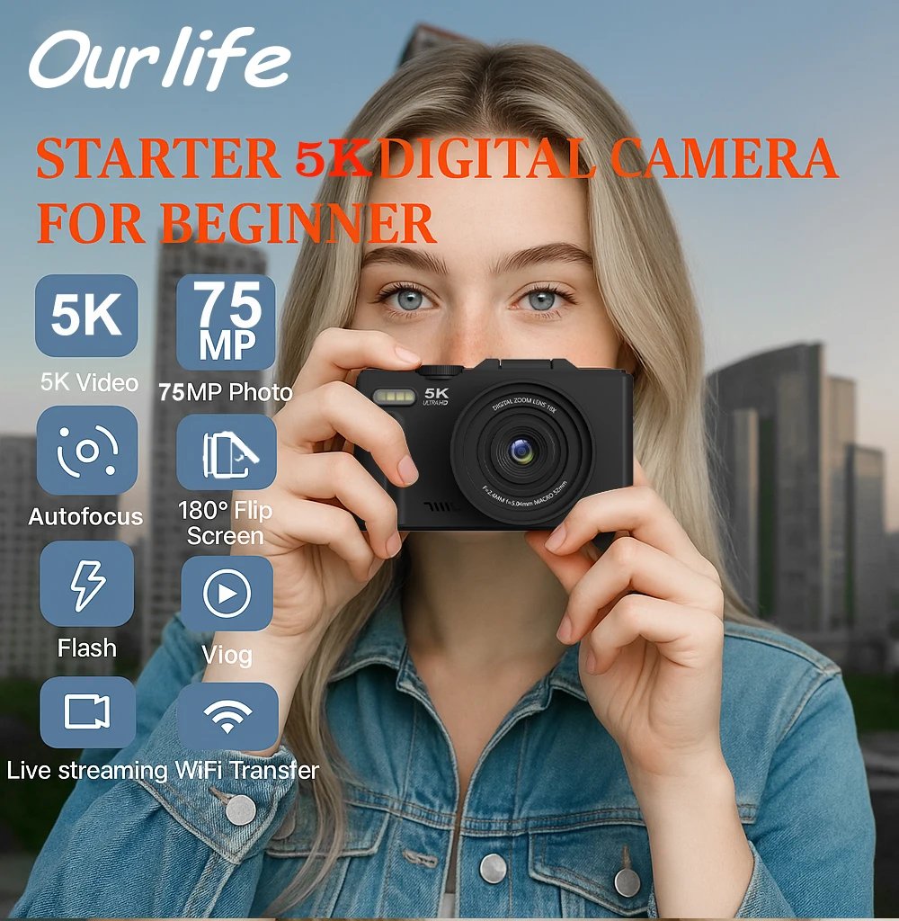 Compact Digital Photography Camera 5K 18X Digital Zoom Vintage Vlog Video Recorder YouTube 180° Flip Screen Selfile WiFi Web Cam