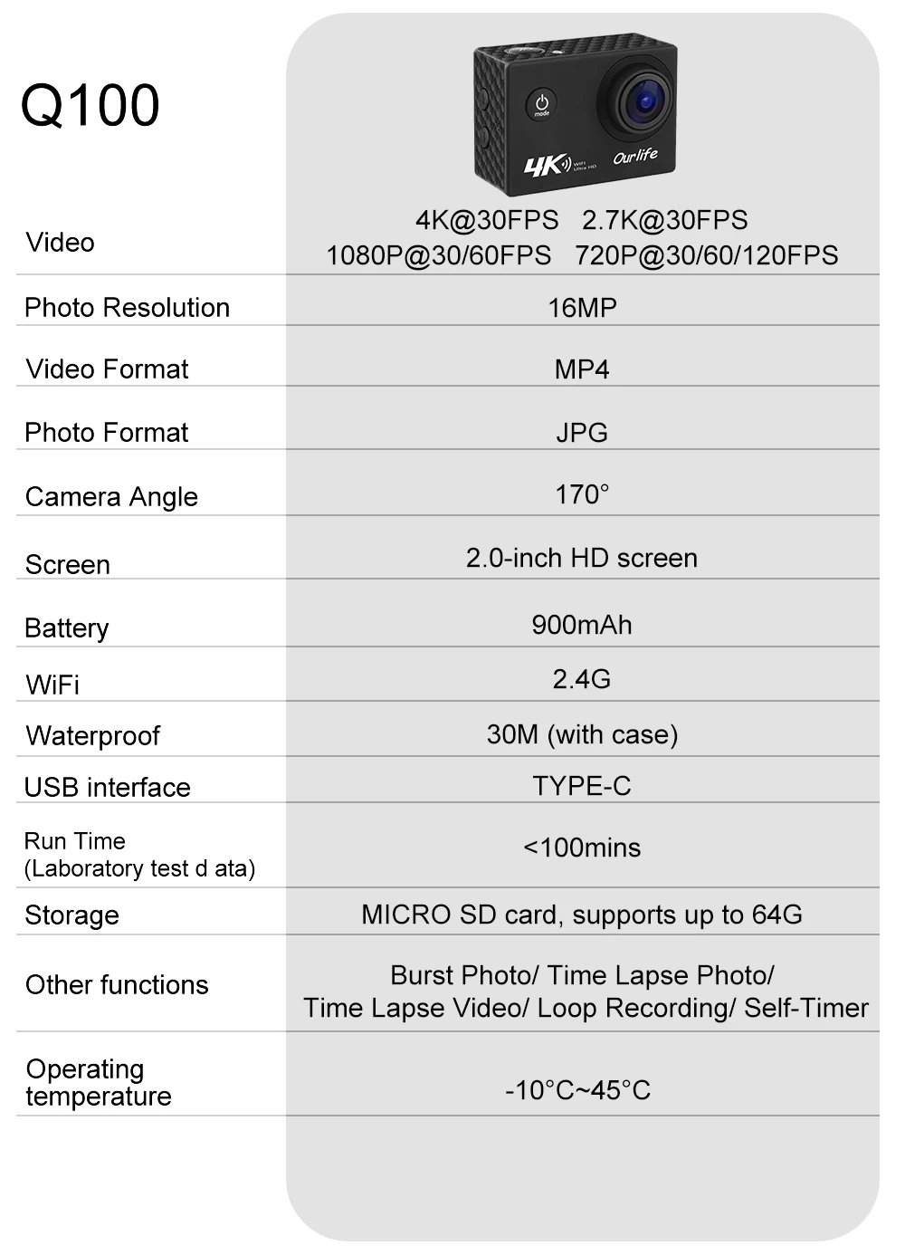 Ourlife 4K Action Camera Ultra HD 16MP WiFi 2.0 inch Screen 170D DVR Webcam Underwater 30M Helmet Video Recording Sport Camera Ourlife 4K Action Camera Ultra HD 16MP WiFi 2.0 inch Screen 170D DVR Webcam Underwater 30M Helmet Video Recording Sport Camera