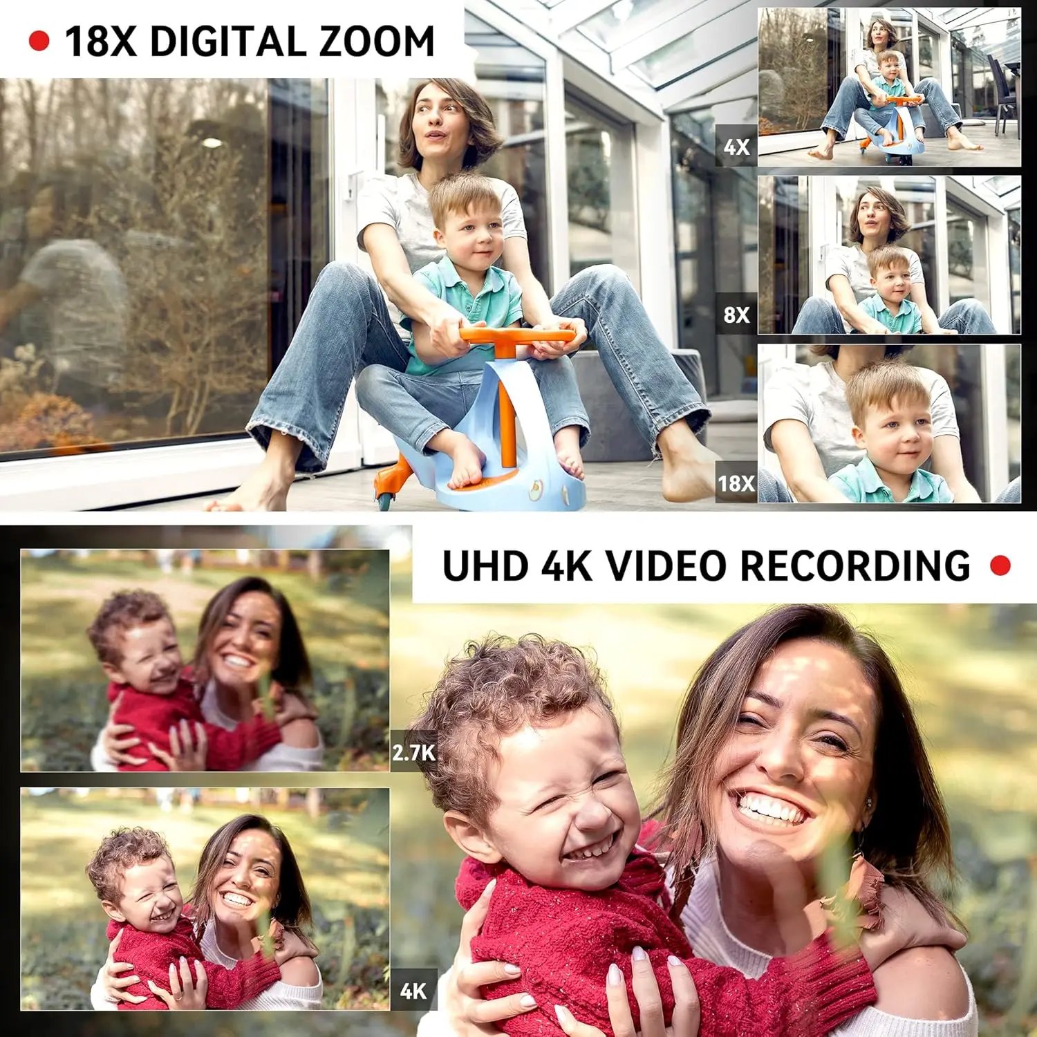 UHD 4k Video Camera Camcorder with 18X Digital Zoom,64MP Digital Camera Recorder,4.0-inch Rotating Touchscreen,64GB SD Card,Micr - Image 5