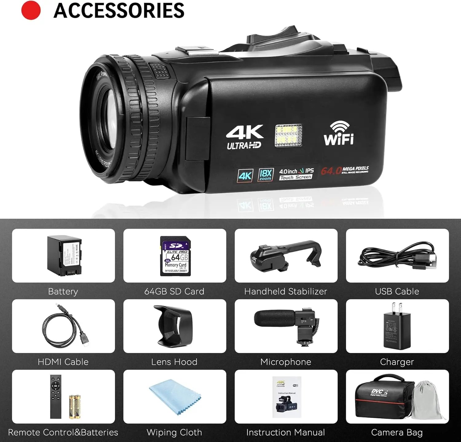 UHD 4k Video Camera Camcorder with 18X Digital Zoom,64MP Digital Camera Recorder,4.0-inch Rotating Touchscreen,64GB SD Card,Micr - Image 6