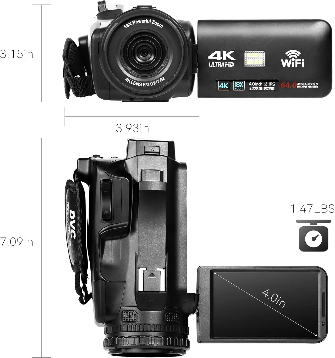 UHD 4k Video Camera Camcorder with 18X Digital Zoom,64MP Digital Camera Recorder,4.0-inch Rotating Touchscreen,64GB SD Card,Micr - Image 2