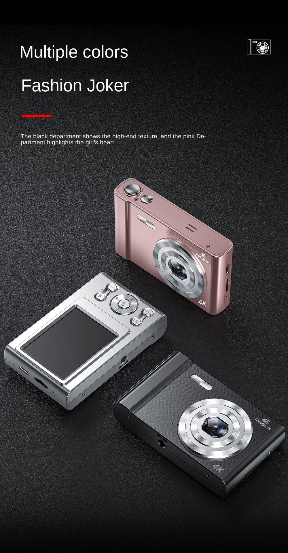 Protable 4K Digital Camera Video Camcorder 48MP 2.4 Inch IPS Screen Auto Focus 16X Digital Zoom Anti-shake Detect Smile Capture