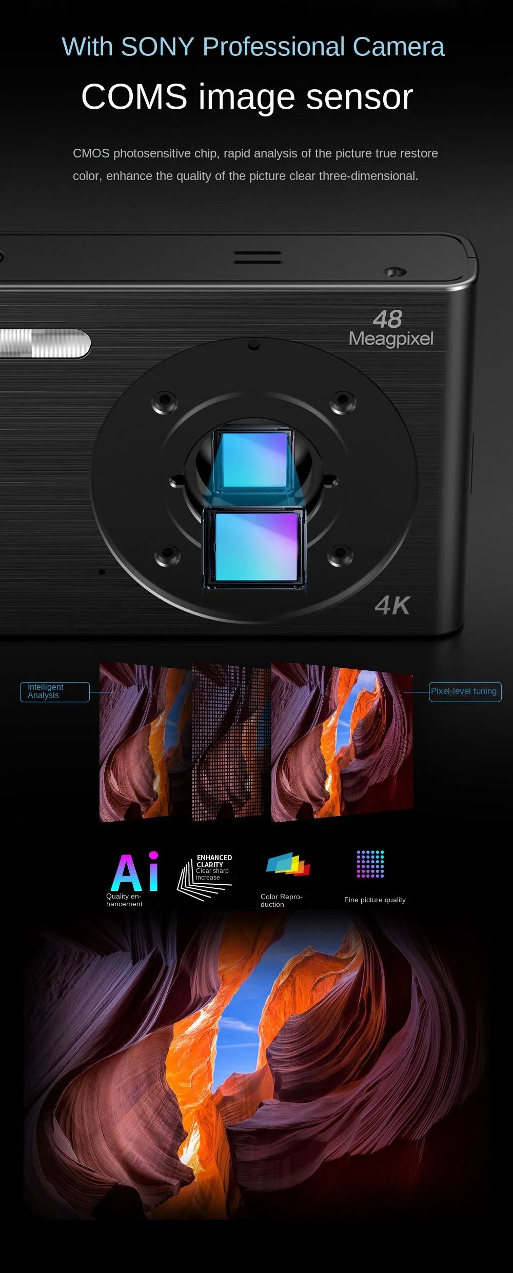 Protable 4K Digital Camera Video Camcorder 48MP 2.4 Inch IPS Screen Auto Focus 16X Digital Zoom Anti-shake Detect Smile Capture