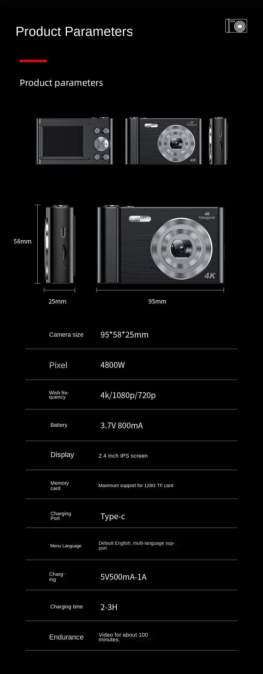 Protable 4K Digital Camera Video Camcorder 48MP 2.4 Inch IPS Screen Auto Focus 16X Digital Zoom Anti-shake Detect Smile Capture