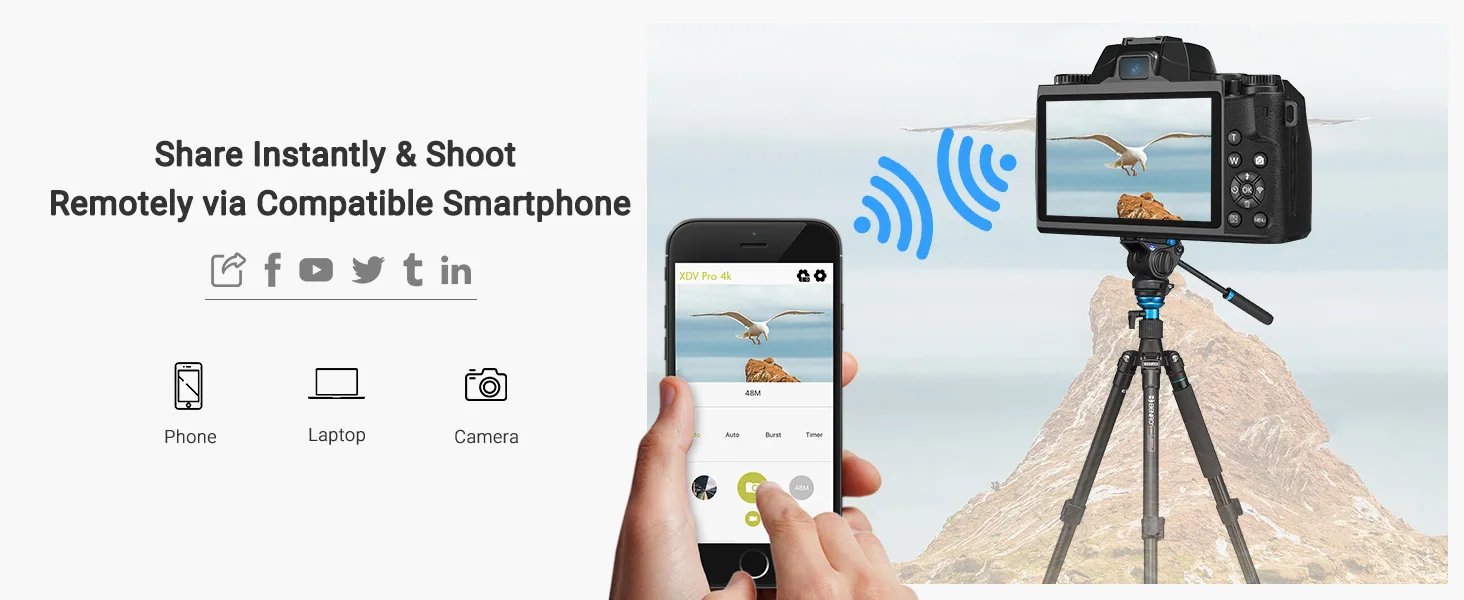 Digital Camera for Photography, 4K 64MP WiFi Vlogging Camera with Flash, Lens Hood, Front and Rear Camera, 4 Inch Touch Screen