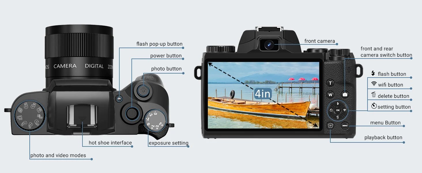 Digital Camera for Photography, 4K 64MP WiFi Vlogging Camera with Flash, Lens Hood, Front and Rear Camera, 4 Inch Touch Screen