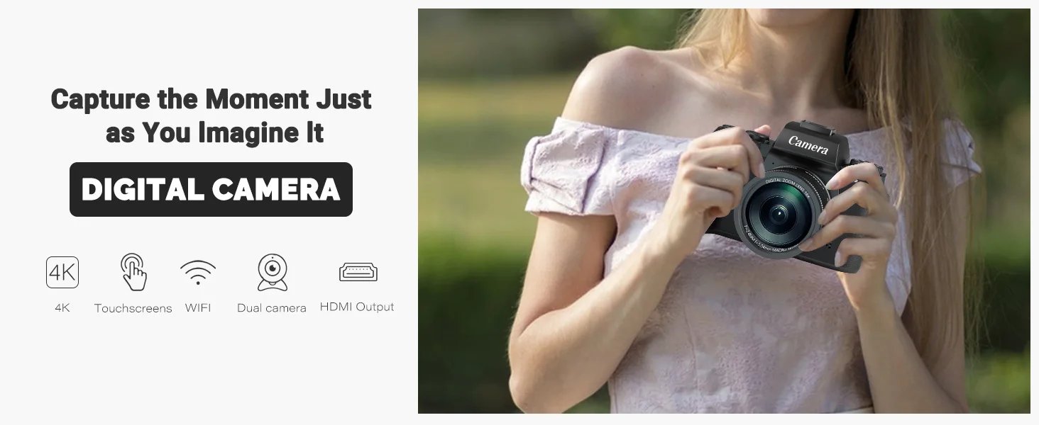 Digital Camera for Photography, 4K 64MP WiFi Vlogging Camera with Flash, Lens Hood, Front and Rear Camera, 4 Inch Touch Screen