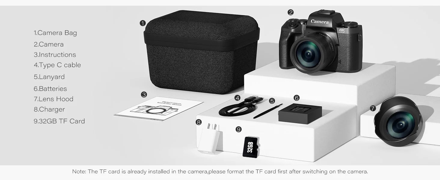 Digital Camera for Photography, 4K 64MP WiFi Vlogging Camera with Flash, Lens Hood, Front and Rear Camera, 4 Inch Touch Screen