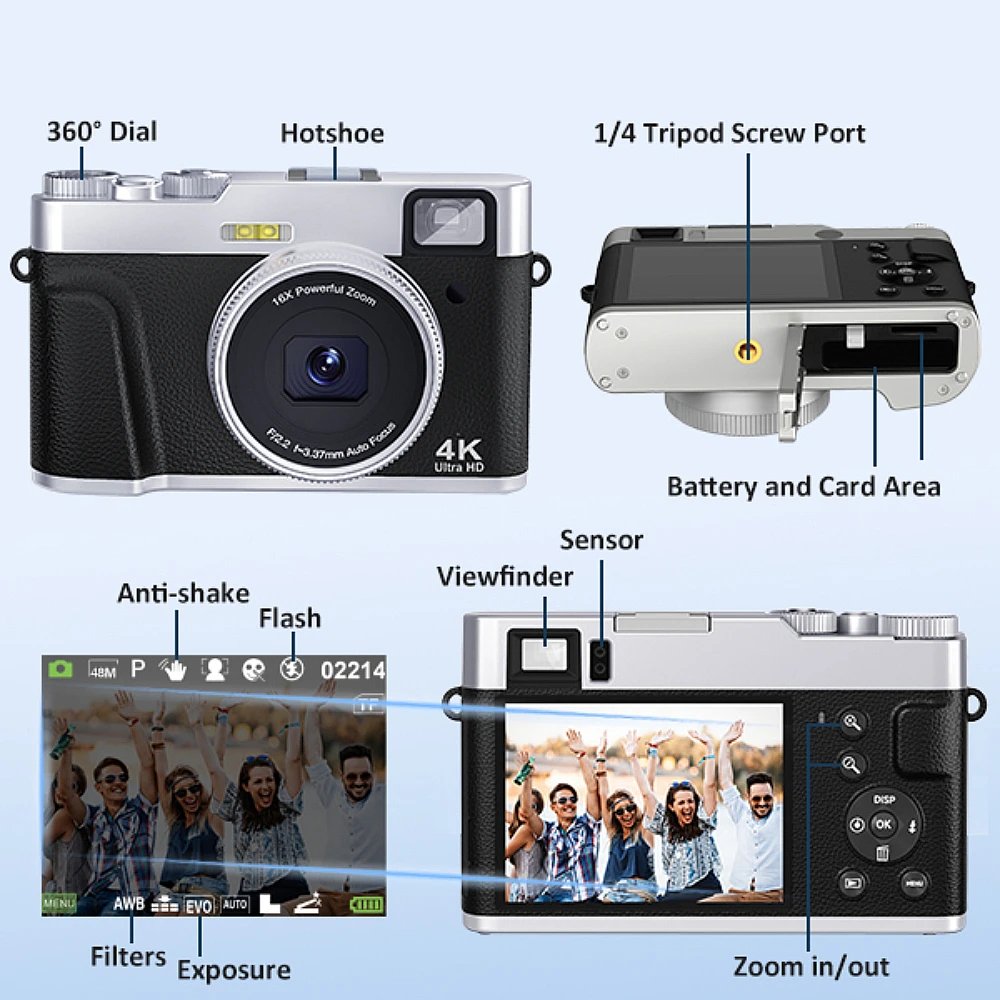 ZOSTUIC 4K Digital Camera, Autofocus 48MP Vlogging Camera, 16X Digital Zoom Video Camera Anti-Shake with 32GB Card - Black