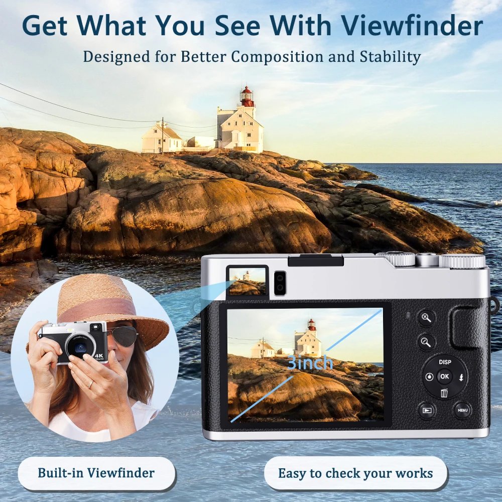 ZOSTUIC 4K Digital Camera, Autofocus 48MP Vlogging Camera, 16X Digital Zoom Video Camera Anti-Shake with 32GB Card - Black