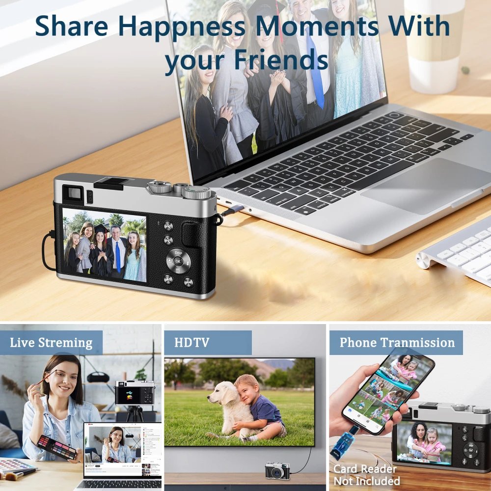 ZOSTUIC 4K Digital Camera, Autofocus 48MP Vlogging Camera, 16X Digital Zoom Video Camera Anti-Shake with 32GB Card - Black