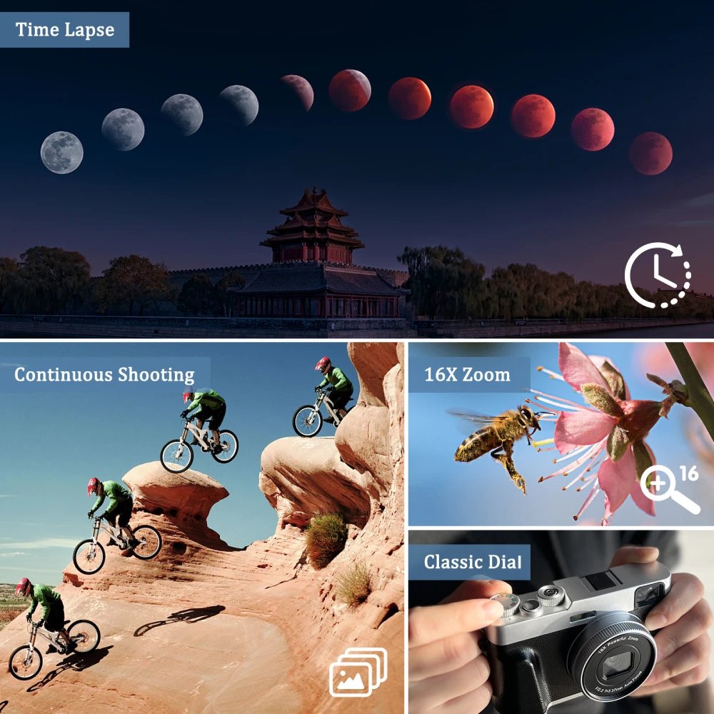 ZOSTUIC 4K Digital Camera, Autofocus 48MP Vlogging Camera, 16X Digital Zoom Video Camera Anti-Shake with 32GB Card - Black