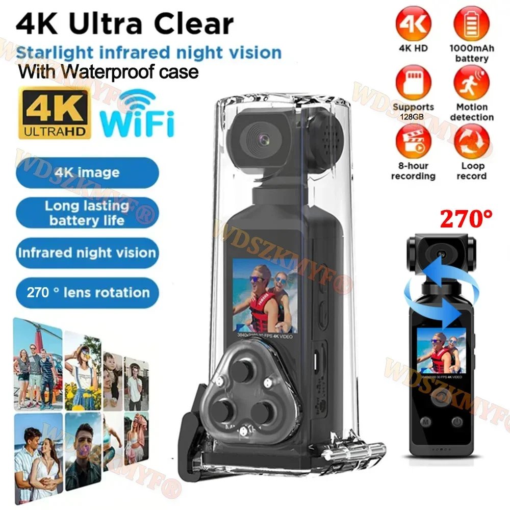 4K WiFi Full HD 1080P Camera 270 Rotatable Mini Camcorders Outdoor Sports DV With Waterproof Case Video Recorder Camcorder Cam