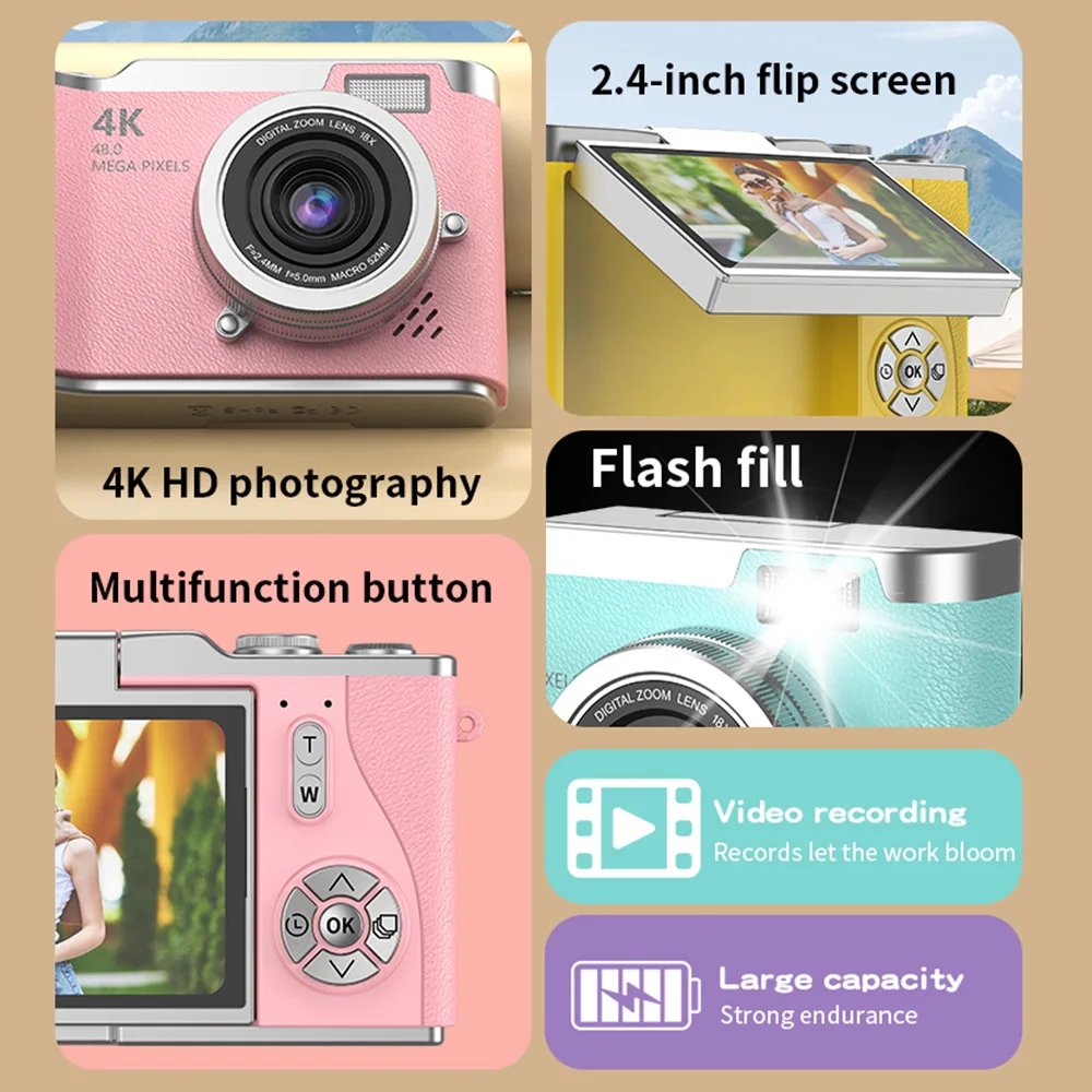 4K Digital Camera CCD 180° Flip Screen Selfie Camera 8X Digital Zoom 48MP Portable Digital Photography Camera with 32G Card - Image 3