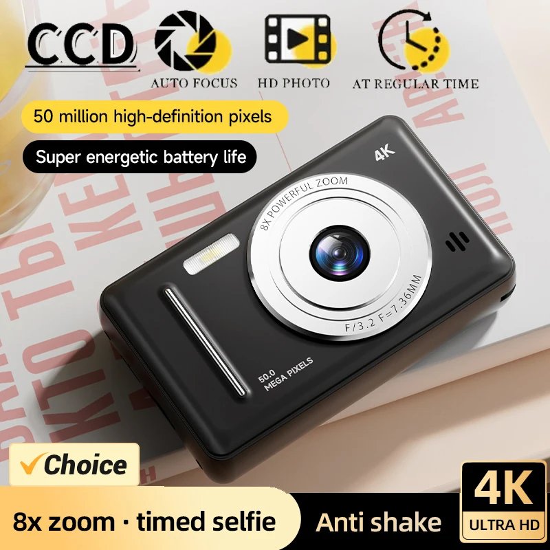 4K Retro CCD Portable Digital Camera Entry-level Camera Dual Camera Flash 50 Million Pixels Auto Focus Intelligent Anti-shakeNew