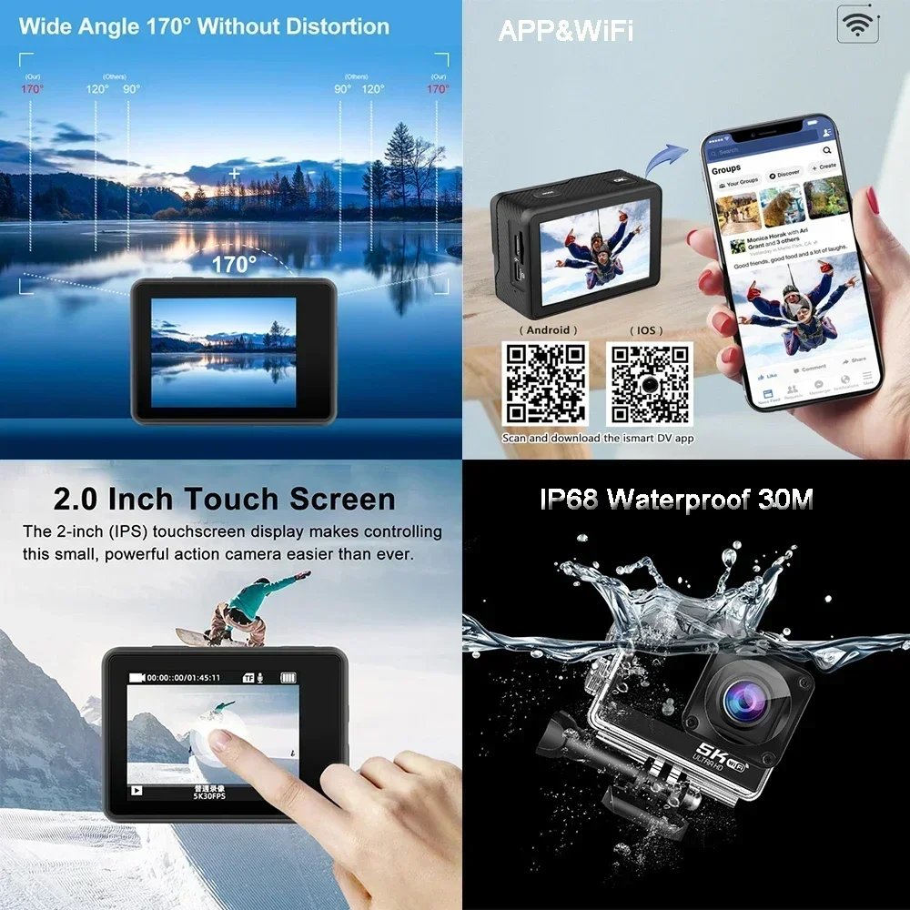Action Camera 5K 4K60FPS EIS 48MP Wi-Fi Dual Screen 170D 8X Zoom Pre Record 30M Waterproof Sport Camera With Sony IMX576 Lens - Image 5