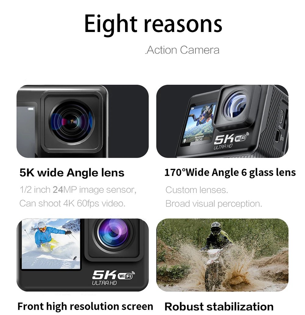 Action Camera 5K 4K60FPS EIS 48MP Wi-Fi Dual Screen 170D 8X Zoom Pre Record 30M Waterproof Sport Camera With Sony IMX576 Lens Action Camera 5K 4K60FPS EIS 48MP Wi-Fi Dual Screen 170D 8X Zoom Pre Record 30M Waterproof Sport Camera With Sony IMX576 Lens