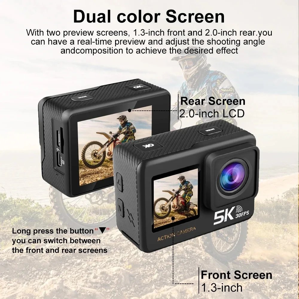 Action Camera 5K 4K60FPS EIS 48MP Wi-Fi Dual Screen 170D 8X Zoom Pre Record 30M Waterproof Sport Camera With Sony IMX576 Lens Action Camera 5K 4K60FPS EIS 48MP Wi-Fi Dual Screen 170D 8X Zoom Pre Record 30M Waterproof Sport Camera With Sony IMX576 Lens