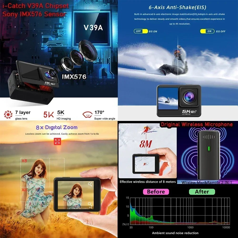 Action Camera 5K 4K60FPS EIS 48MP Wi-Fi Dual Screen 170D 8X Zoom Pre Record 30M Waterproof Sport Camera With Sony IMX576 Lens - Image 3