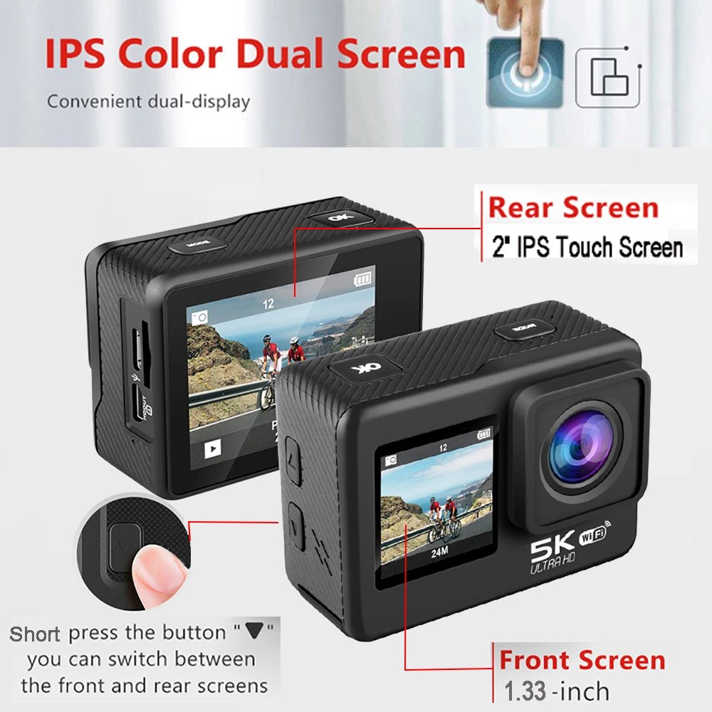 Action Camera 5K 4K60FPS EIS 48MP Wi-Fi Dual Screen 170D 8X Zoom Pre Record 30M Waterproof Sport Camera With Sony IMX576 Lens Action Camera 5K 4K60FPS EIS 48MP Wi-Fi Dual Screen 170D 8X Zoom Pre Record 30M Waterproof Sport Camera With Sony IMX576 Lens