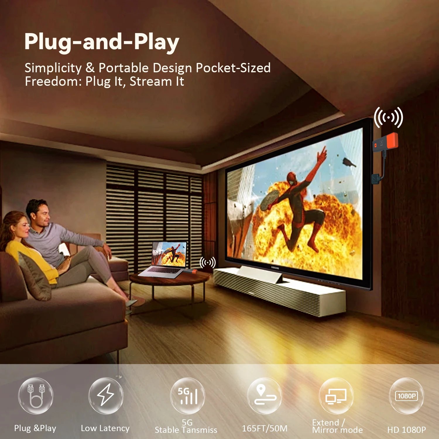 Wireless Transmitter & Receiver, 4K Decode Input 1080P@60Hz Output, Ultra-Low Latency  Plug & Play for Gaming, Home Theater Wireless Transmitter & Receiver, 4K Decode Input 1080P@60Hz Output, Ultra-Low Latency  Plug & Play for Gaming, Home Theater