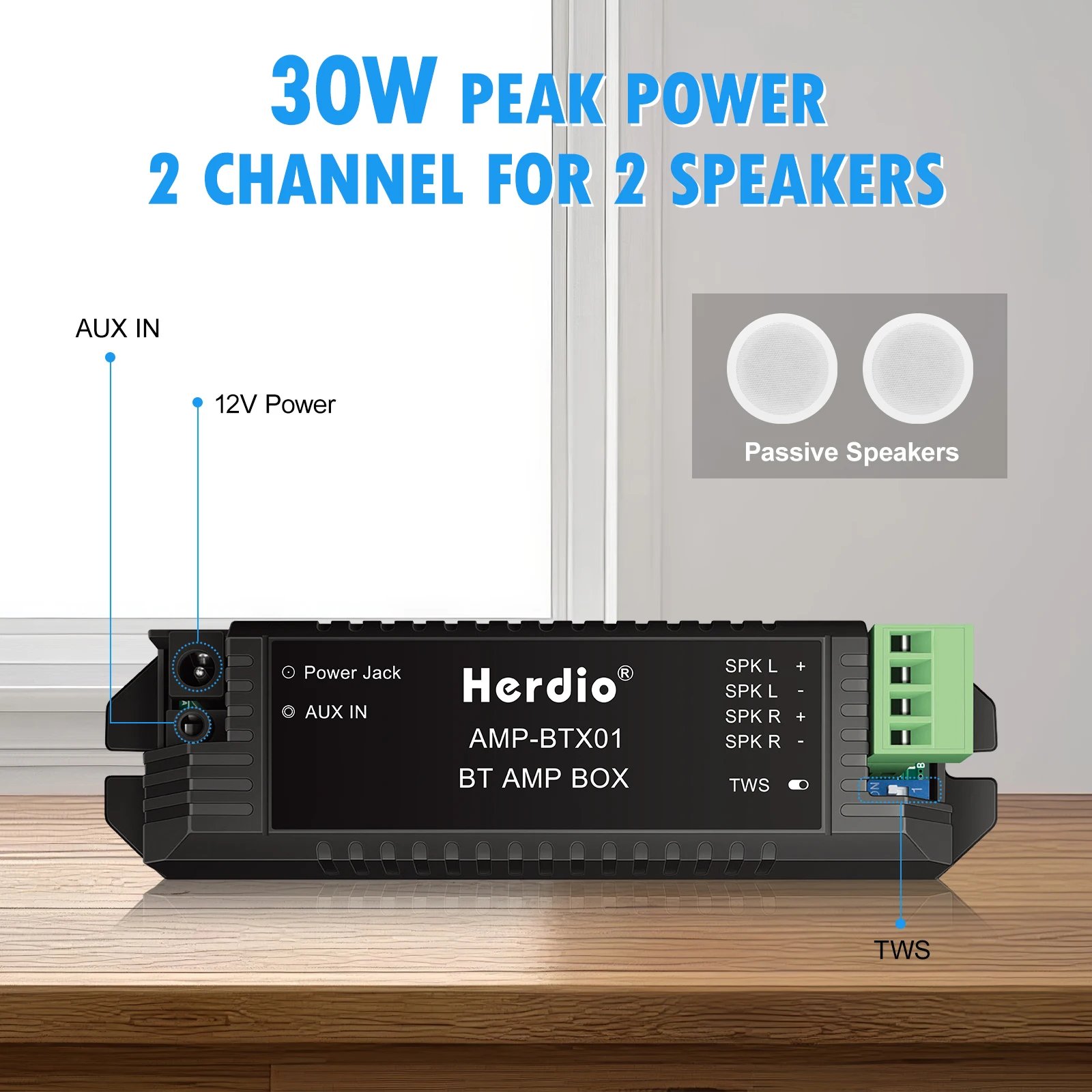 Herdio Bluetooth Home Audio Amplifier 2.0 Channel Receiver System For Passive Speakers with AUX TWS Suitable For Ceiling Marine - Image 3